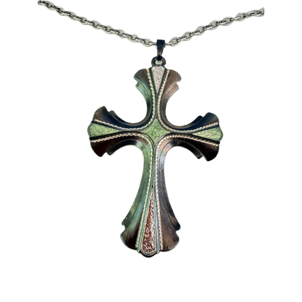 Large Ornate Statement Cross Necklace with Green & Copper Inlay